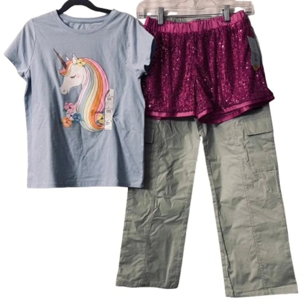 Girls 10/12 Unicorn Tee Sequin Shorts Cargo Pants 3pc Y2K Fashion Bundle NWT